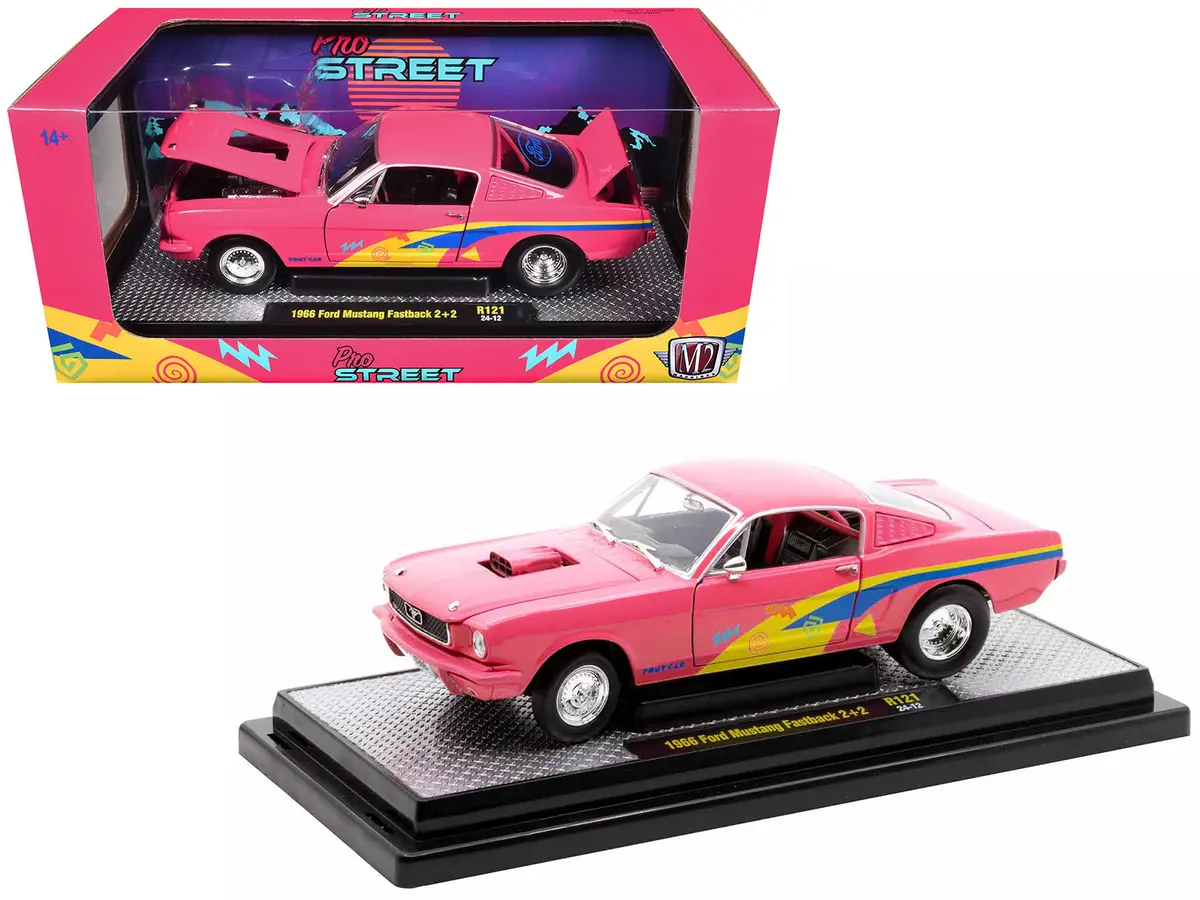 1966 Ford Mustang Fastback 2+2 Pink With Blue And Yellow Stripes "Pro Street" Limited Edition To 6250 Pieces Worldwide 1/24 Diecast Model Car By M2 Machines 1