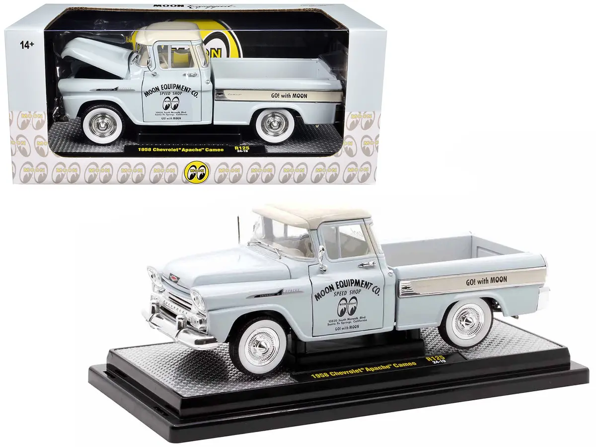1958 Chevrolet Apache Cameo Pickup Truck "Mooneyes" Light Gray With White Top Limited Edition To 6650 Pieces Worldwide 1/24 Diecast Model By M2 Machines 1