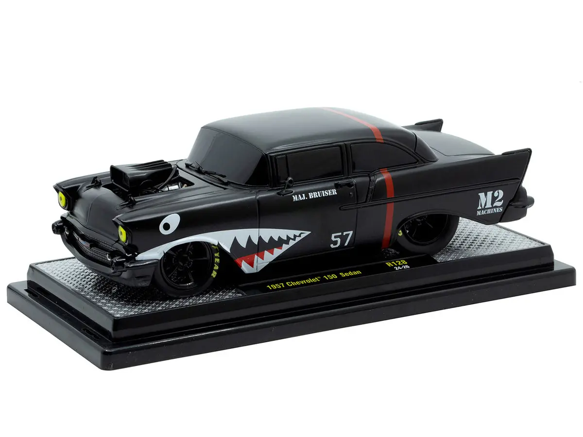 1957 Chevrolet 150 Sedan "Maj. Bruiser" Matte Black With Red Stripe And Shark Mouth Graphics Limited Edition To 6650 Pieces Worldwide 1/24 Diecast Model Car By M2 Machines 2