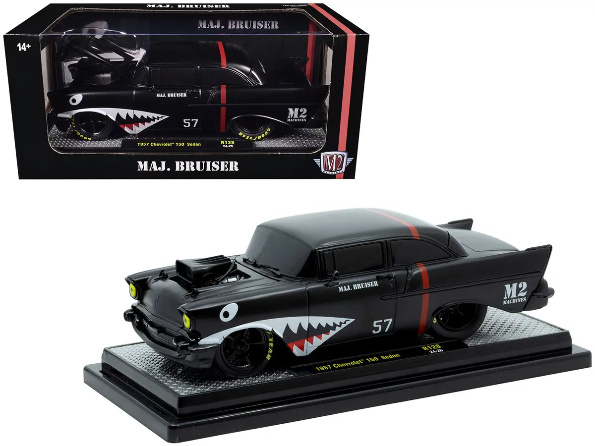 1957 Chevrolet 150 Sedan "Maj. Bruiser" Matte Black With Red Stripe And Shark Mouth Graphics Limited Edition To 6650 Pieces Worldwide 1/24 Diecast Model Car By M2 Machines 1
