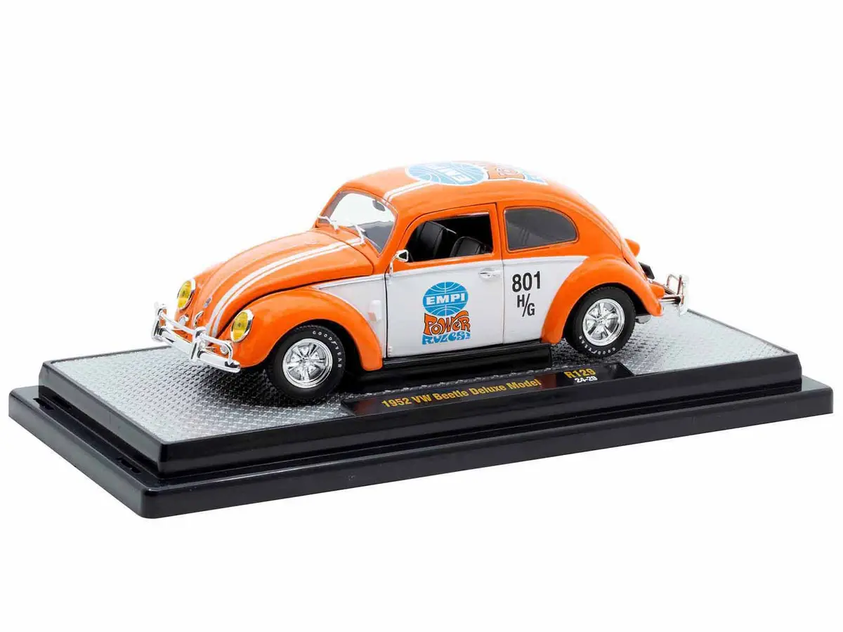 1952 Volkswagen Beetle Deluxe Model "Empi Power Rules" Orange And White With Graphics Limited Edition To 6650 Pieces Worldwide 1/24 Diecast Model Car By M2 Machines 2