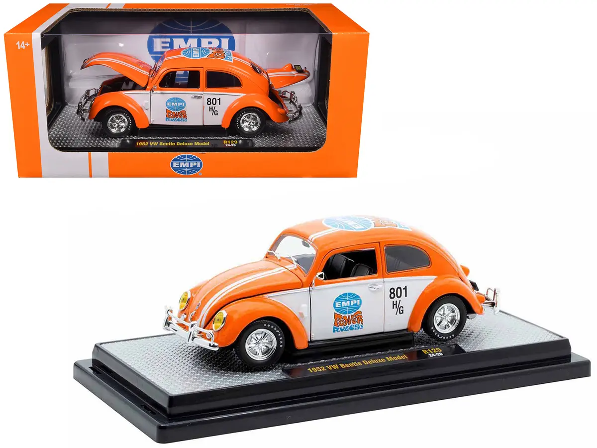 1952 Volkswagen Beetle Deluxe Model "Empi Power Rules" Orange And White With Graphics Limited Edition To 6650 Pieces Worldwide 1/24 Diecast Model Car By M2 Machines 1