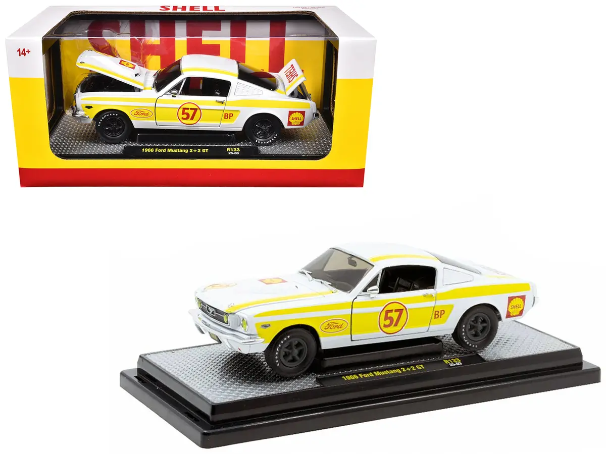 1966 Ford Mustang 2+2 Gt #57 "Shell Oil" White With Yellow Stripes Limited Edition To 5650 Pieces Worldwide 1/24 Diecast Model Car By M2 Machines 1