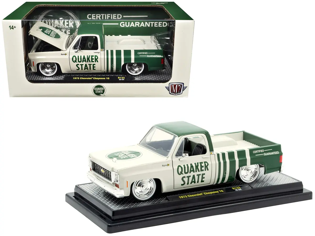 1973 Chevrolet Cheyenne 10 Pickup Truck "Quaker State" Beige And Green Limited Edition To 9600 Pieces Worldwide 1/24 Diecast Model By M2 Machines 1