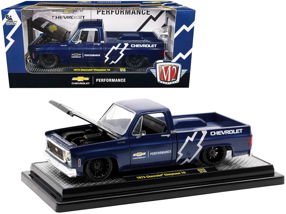 1973 Chevrolet Cheyenne 10 Pickup Truck Dark Blue Metallic With Black Hood "Chevrolet Performance" Limited Edition To 9,600 Pieces Worldwide 1/24 Diecast Model By M2 Machines 1
