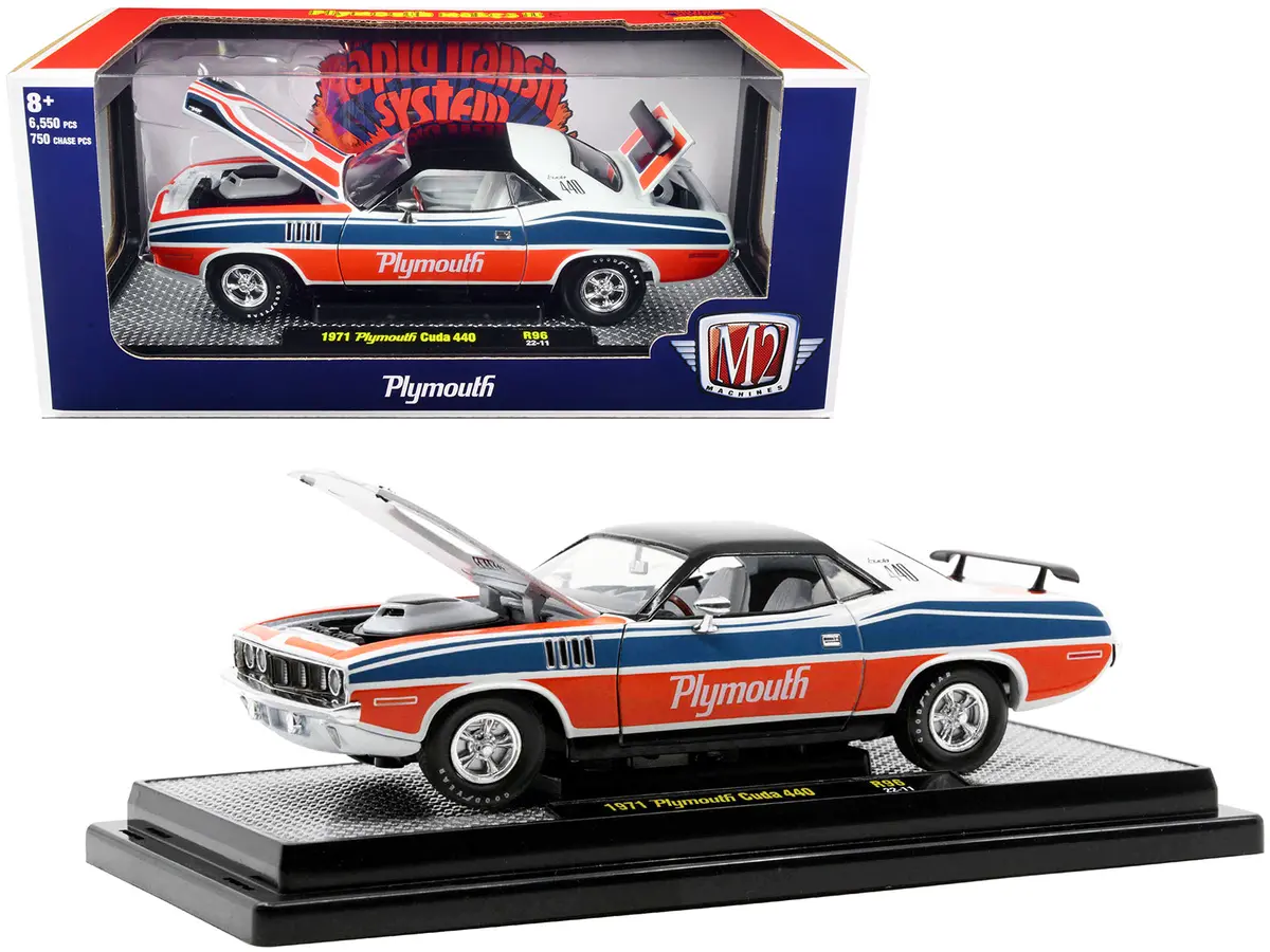1971 Plymouth Barracuda 440 Pearl White With Blue And Red Stripes And Black Top Limited Edition To 6,550 Pieces Worldwide 1/24 Diecast Model Car By M2 Machines 1