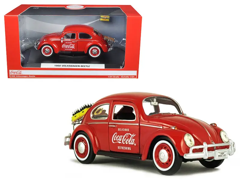 1966 Volkswagen Beetle "Coca Cola" With Rear Luggage Rack And 2 Bottle Cases 1/24 Diecast Model Car By Motorcity Classics 1