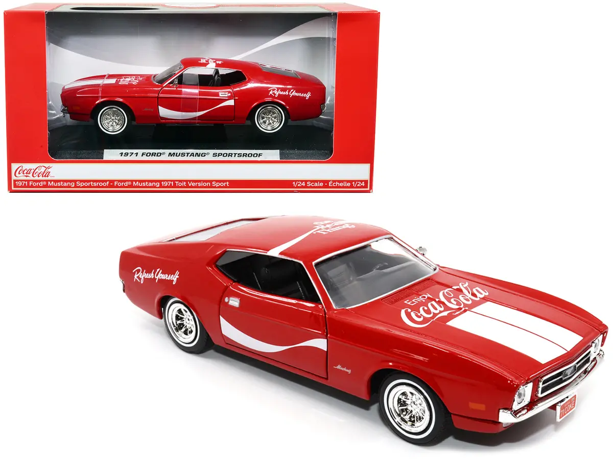 1971 Ford Mustang Sportsroof Red With White Stripes "Refresh Yourself - Coca-Cola" 1/24 Diecast Model Car By Motor City Classics 1