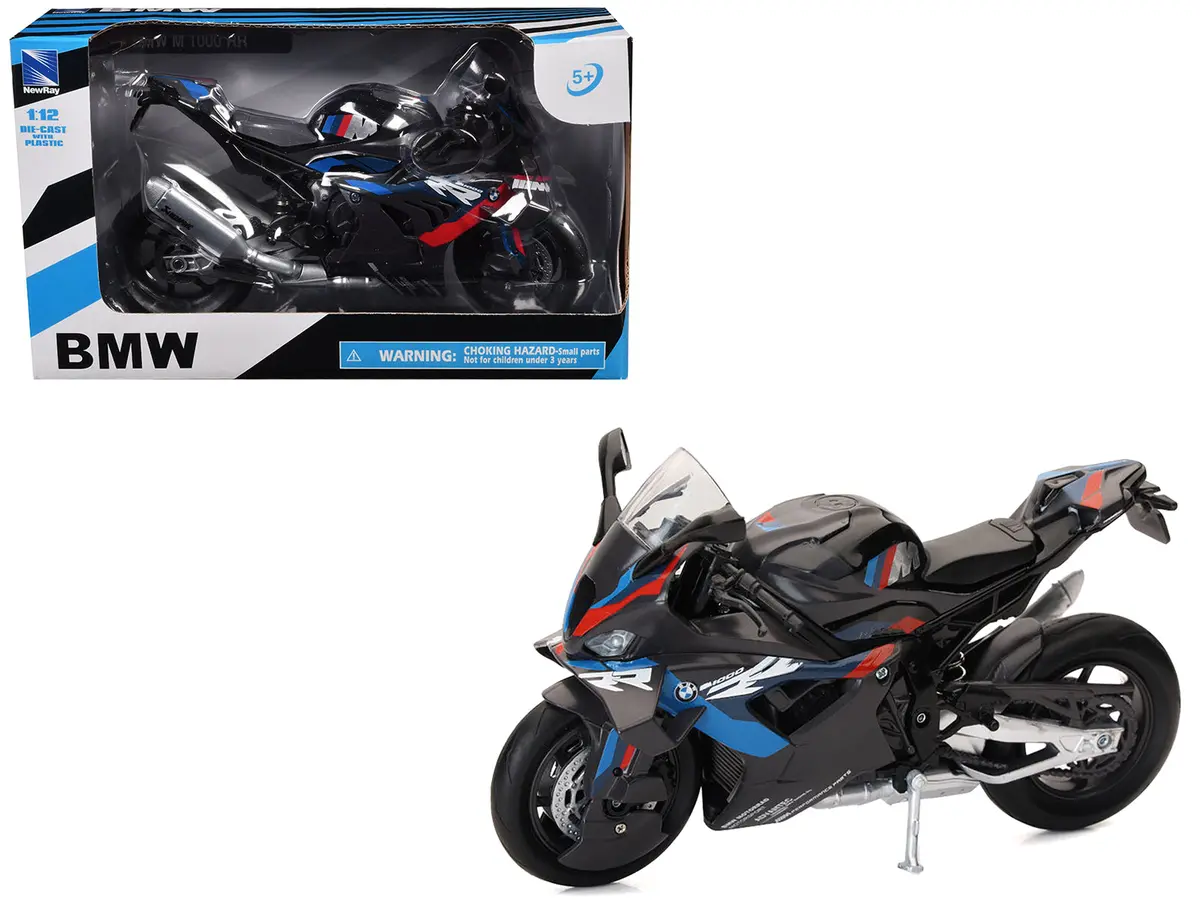 Bmw M 1000 Rr Motorcycle Black With Red And Blue Stripes 1/12 Diecast Model By New Ray 1