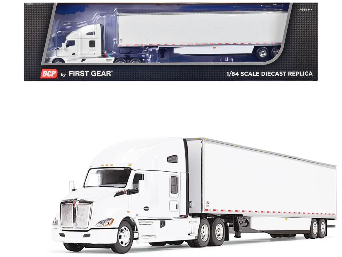 Kenworth T680 With 76" High Roof Sleeper And 53' Smooth Sided Dry Goods Trailer White 1/64 Diecast Model By Dcp/First Gear 1