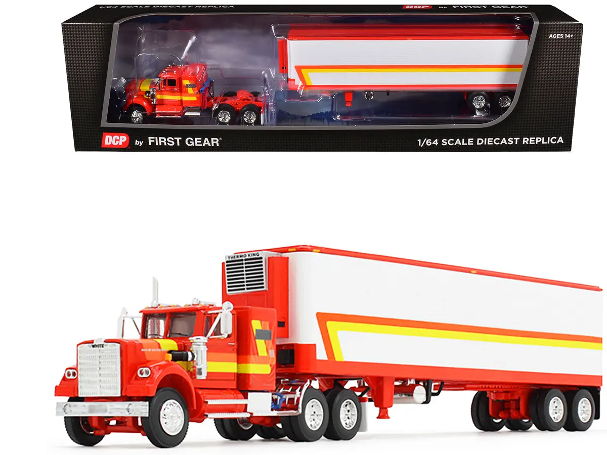 White Western Star 4900 With 36" Vintage Flat Top Sleeper And Wilson 40' Vintage Refridgerated Trailer Red And White With Stripes 1/64 Diecast Model By Dcp/First Gear 1