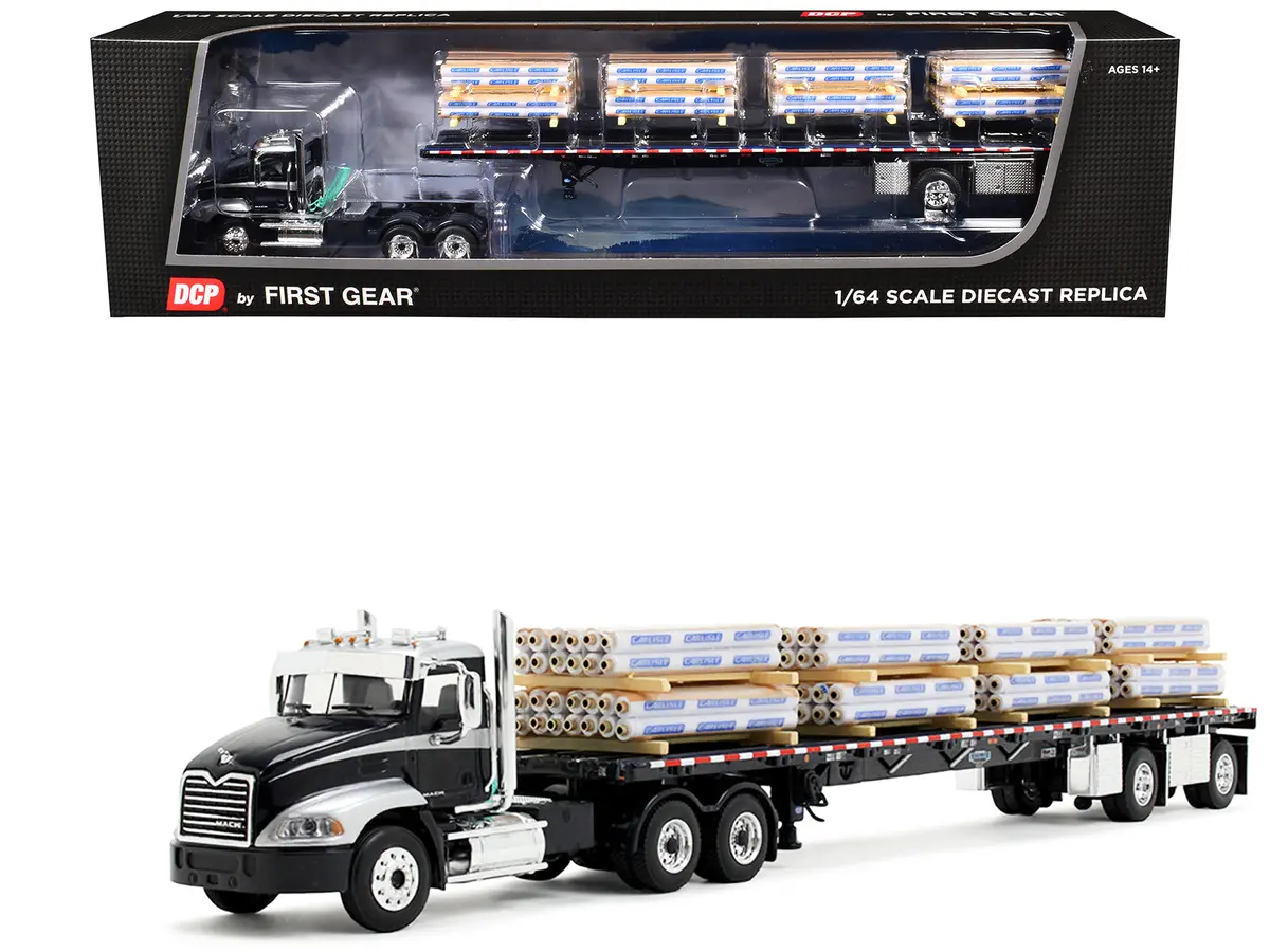 Mack Pinnacle Day Cab With Minimizer Parts & 53' Wilson Roadbrute Flatbed Trailer With "Carlisle Roofing" Loaded Pallets Black With Silver Top And Stripes 1/64 Diecast Model By Dcp/First Gear 1