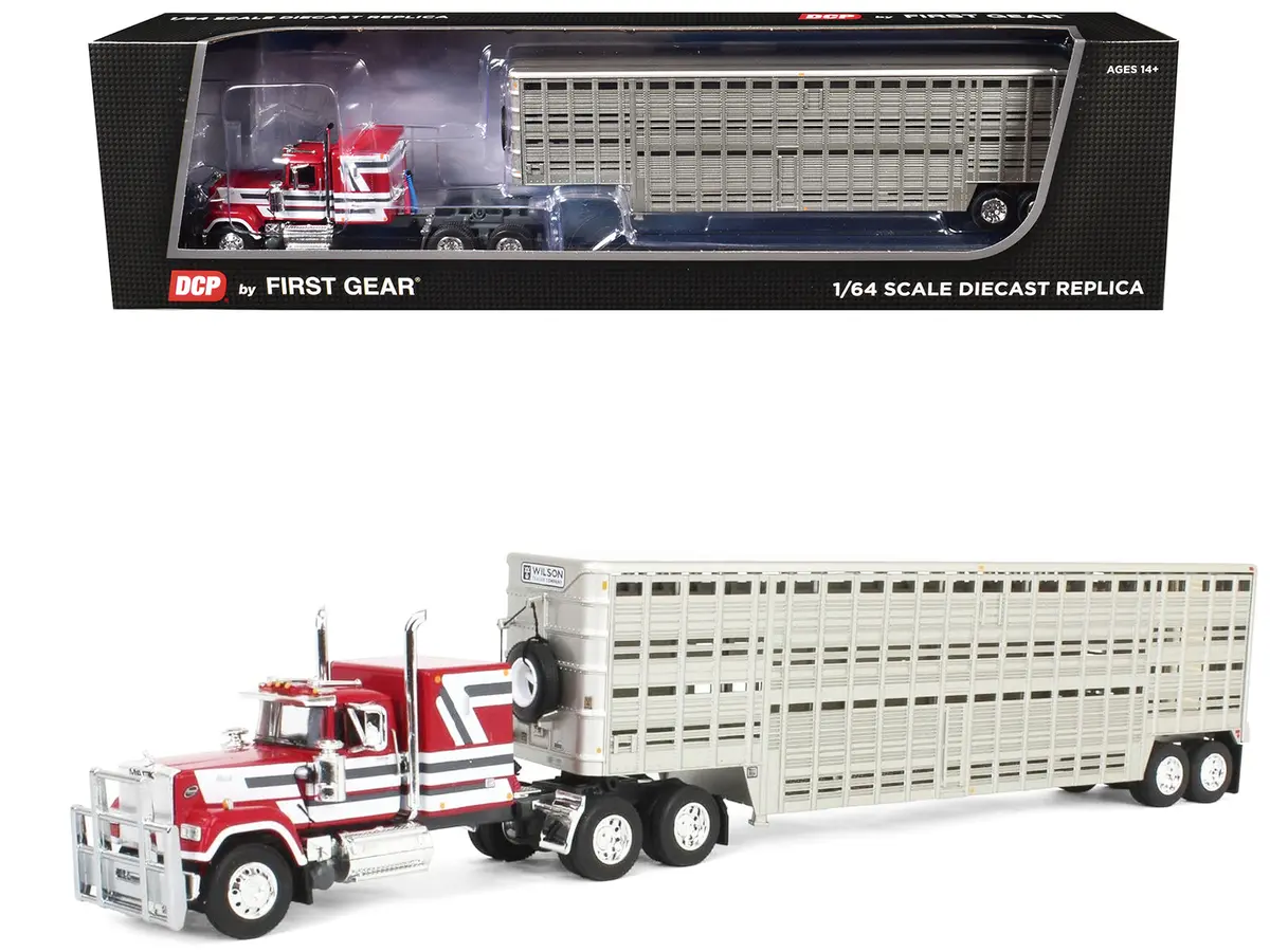 Mack Super-Liner With 60" Flat Top Sleeper And 45' Wilson Vintage Livestock Trailer Red With White And Gray Stripes 1/64 Diecast Model By Dcp/First Gear 1