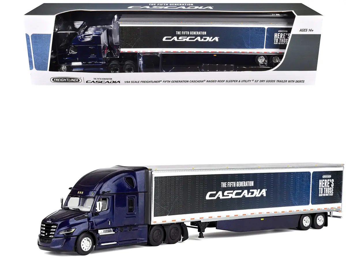 Freightliner Fifth Generation Cascadia Raised Roof Sleeper & 53' Utility Trailer With Skirts Midnight Blue 1/64 Diecast Model By Dcp/First Gear 1