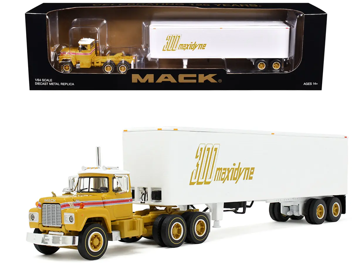 Mack R-Model Day Cab And 40' Vintage Trailer Yellow With Red Stripes And White Top "Mack Anniversary" 1/64 Diecast Model By Dcp/First Gear 1