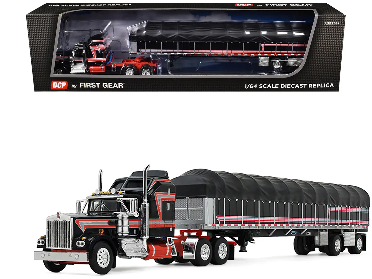 Kenworth W900a With 60" Aerodyne Sleeper And 53’ Wilson Roadbrute Flatbed Trailer With Covered Wagon Black With Red Stripes 1/64 Diecast Model By Dcp/First Gear 1