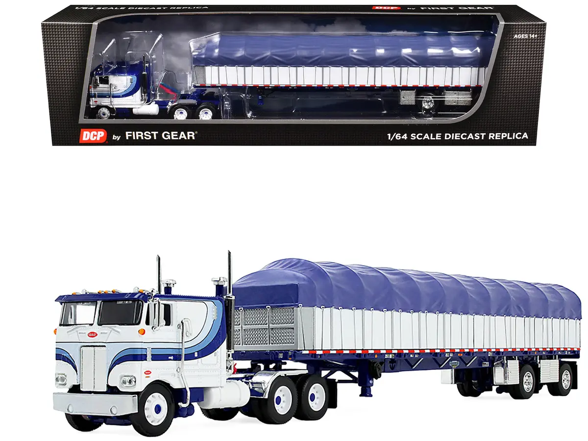 Peterbilt 352 Coe 110" Sleeper And 53’ Wilson Roadbrute Flatbed Trailer With Covered Wagon White With Blue Stripes 1/64 Diecast Model By Dcp/First Gear 1