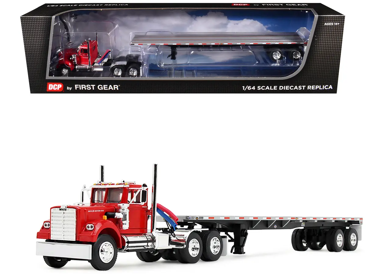 White Western Star 4900 Day Cab With 48’ Utility Flatbed Trailer Viper Red 1/64 Diecast Model By Dcp/First Gear 1