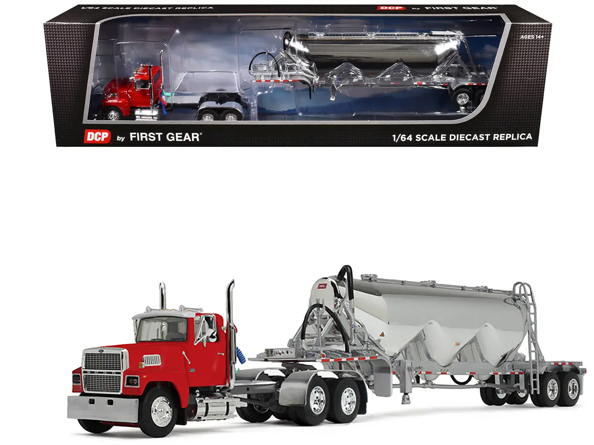 Ford Ltl 9000 Day Cab With Heil Pneumatic Tank Trailer Heil Red 1/64 Diecast Model By Dcp/First Gear 1