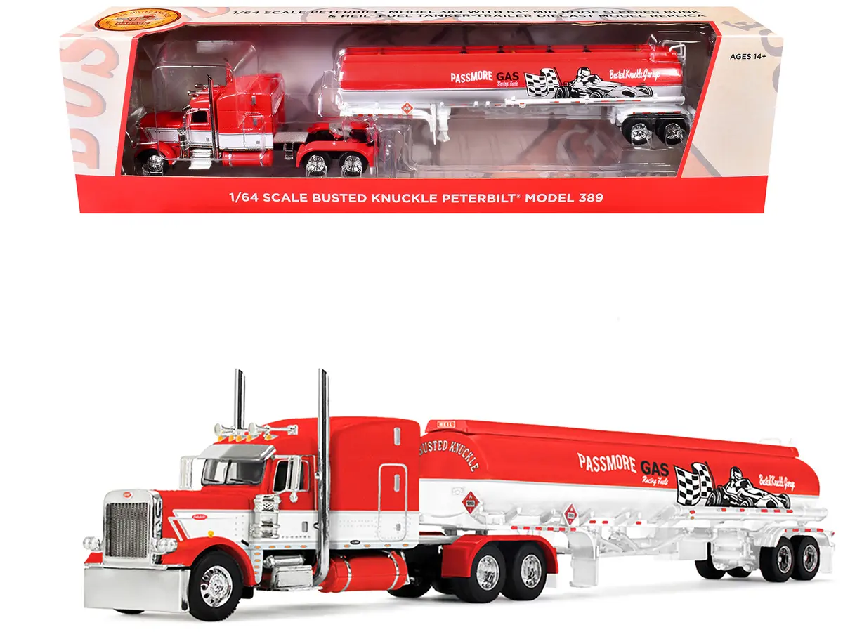 Peterbilt 389 With 63" Mid-Roof Sleeper And Heil Fuel Tank Trailer "Busted Knuckle Garage" Red And White 1/64 Diecast Model By Dcp/First Gear 1