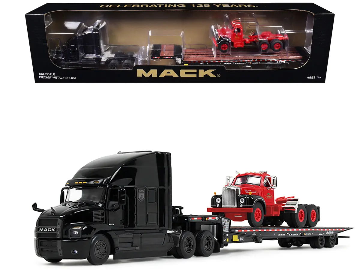 Mack Anthem Sleeper And Landoll 440B-50Ca Traveling Axle Trailer Black With Mack B-61 Day Cab Load Red "Mack Anniversary" 1/64 Diecast Model By Dcp/First Gear 1