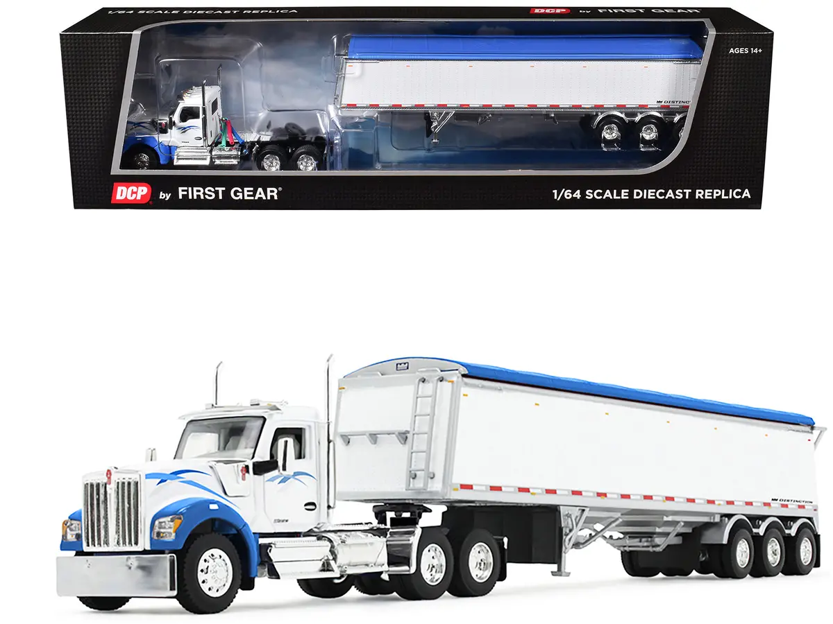Kenworth W990 Day Cab And Lode King Distinction Hopper Trailer White And Blue 1/64 Diecast Model By Dcp/First Gear 1