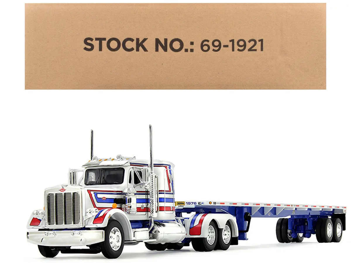 Peterbilt 359 With 36" Flat Top Sleeper And 48' Utility Flatbed Trailer White With Blue And Red Stripes "Bicentennial Patriot" 1/64 Diecast Model By Dcp/First Gear 1