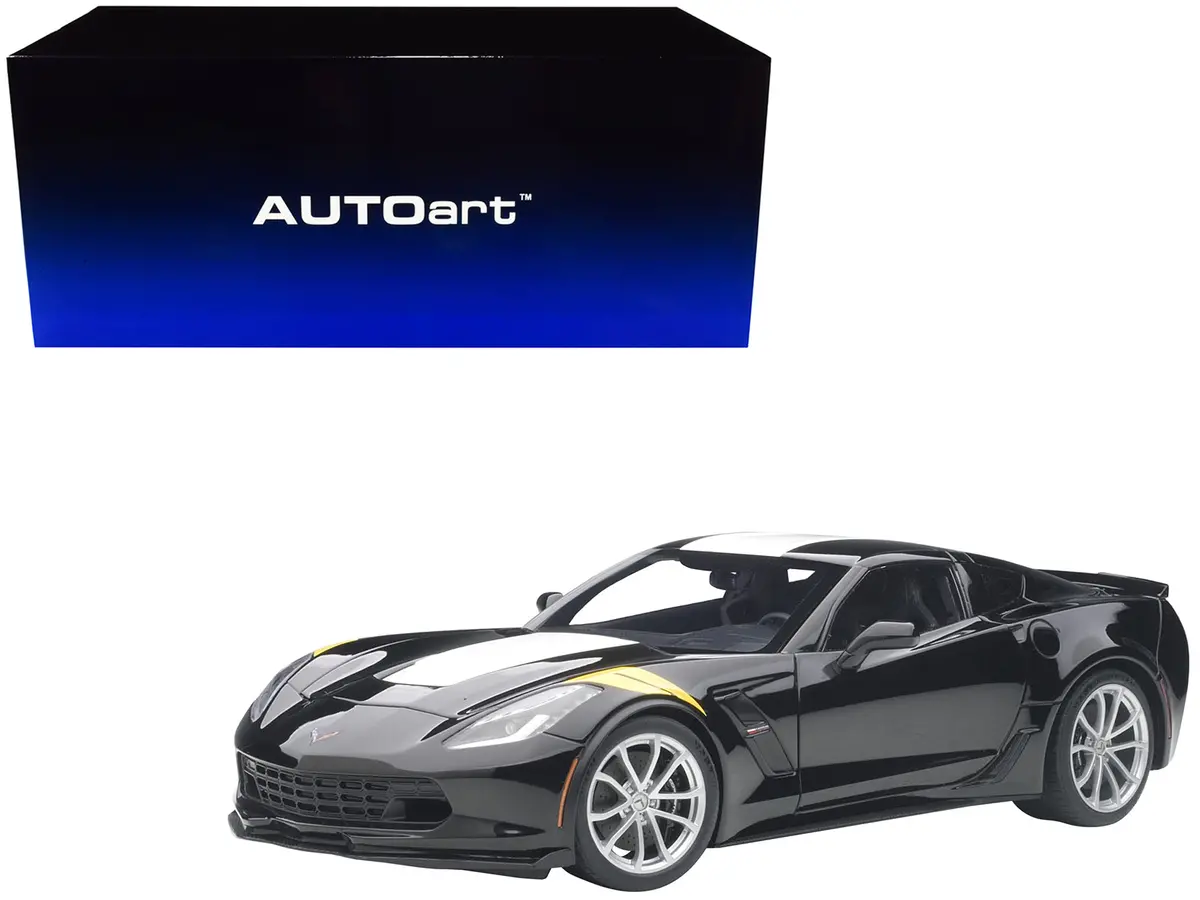 2017 Chevrolet Corvette C7 Grand Sport Black With White Stripe And Yellow Fender Hash Marks 1/18 Model Car By Autoart 1