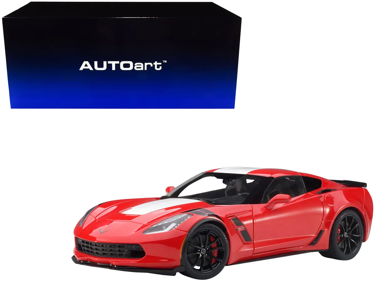 2017 Chevrolet Corvette C7 Grand Sport Red With White Stripe And Black Fender Hash Marks 1/18 Model Car By Autoart 1