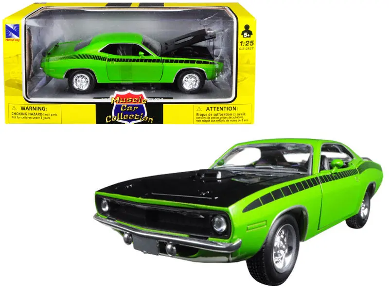 1970 Plymouth Cuda Green With Black Hood 1/25 Diecast Model Car By New Ray 1