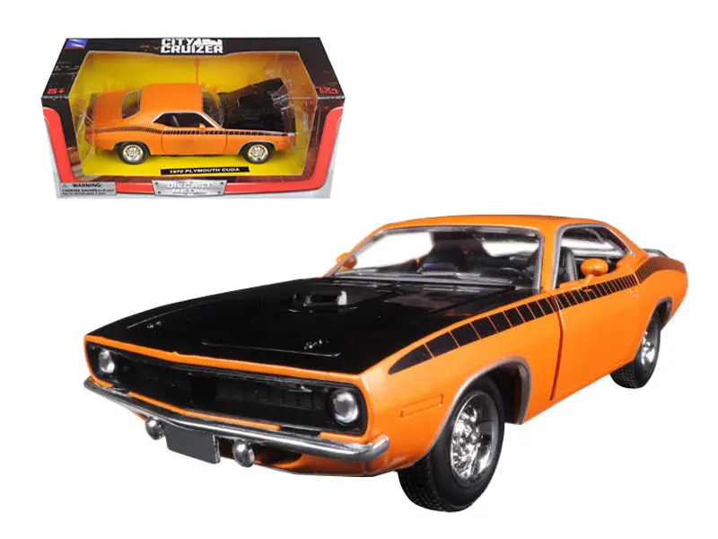 1970 Plymouth Cuda Orange With Black Hood And Stripes 1/24 Diecast Model Car By New Ray 1