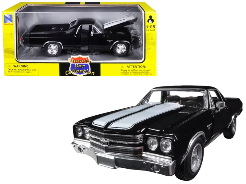 1970 Chevrolet El Camino Ss Black With White Stripes 1/25 Diecast Model By New Ray 1