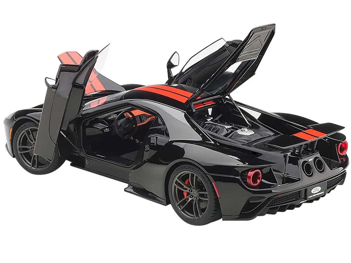 2017 Ford Gt Shadow Black With Orange Stripes 1/18 Model Car By Autoart 2