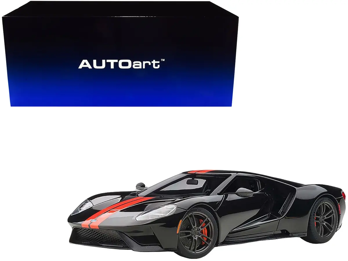 2017 Ford Gt Shadow Black With Orange Stripes 1/18 Model Car By Autoart 1