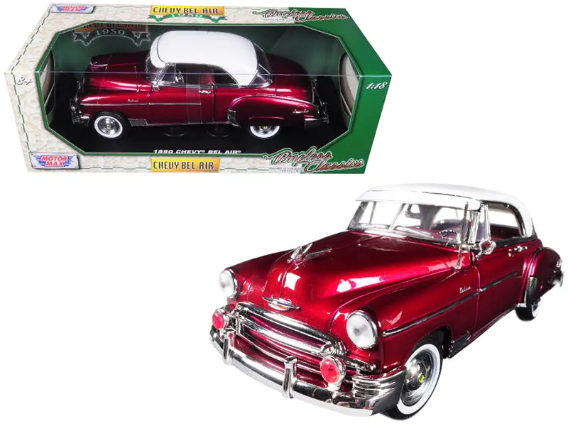 1950 Chevrolet Bel Air Burgundy With White Roof 1/18 Diecast Model Car By Motormax 1