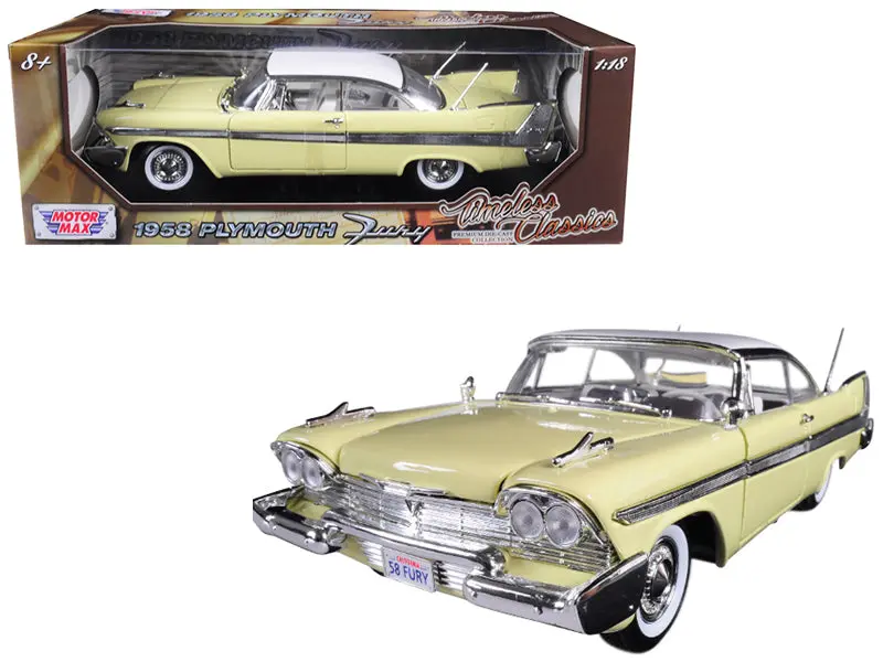 1958 Plymouth Fury "Timeless Classics" Yellow With White Top 1/18 Diecast Model Car By Motormax 1