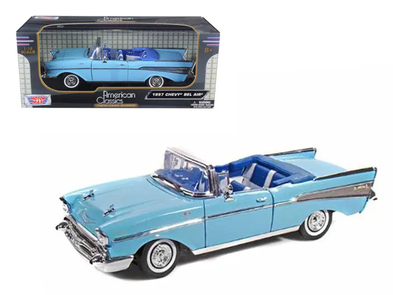 1957 Chevrolet Bel Air Convertible Light Blue 1/18 Diecast Model Car By Motormax 1