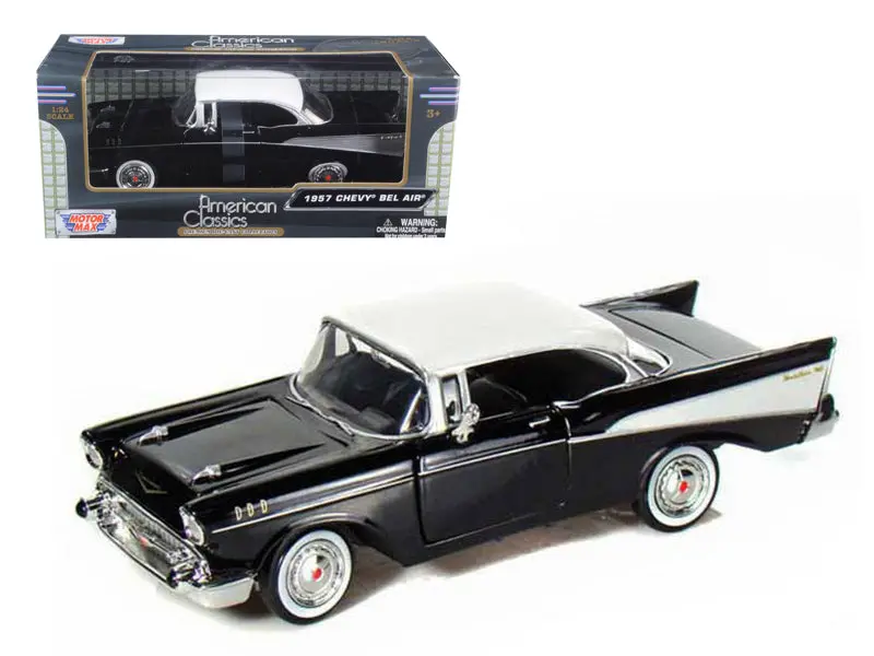 1957 Chevrolet Bel Air Black With White Top 1/24 Diecast Model Car By Motormax 1