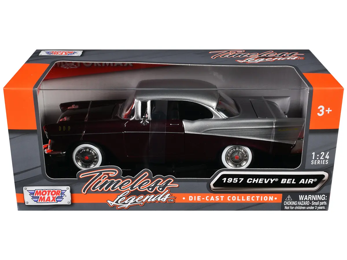 1957 Chevrolet Bel Air Burgundy Metallic And Silver Metallic "Timeless Legends" Series 1/24 Diecast Model Car By Motormax 1