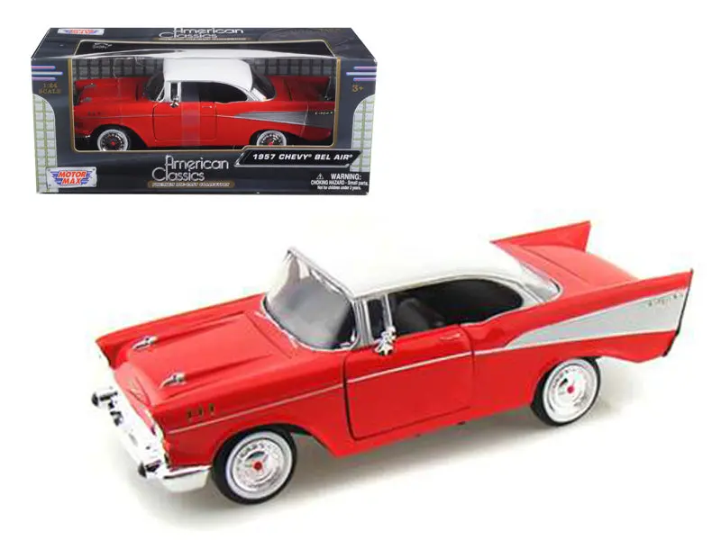 1957 Chevrolet Bel Air Red With White Top 1/24 Diecast Model Car By Motormax 1