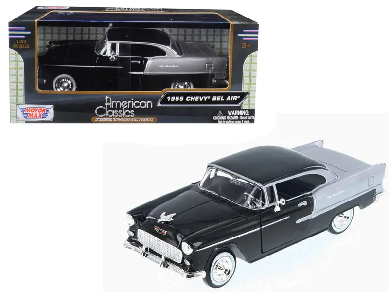 1955 Chevrolet Bel Air Black And Silver 1/24 Diecast Model Car By Motormax 1