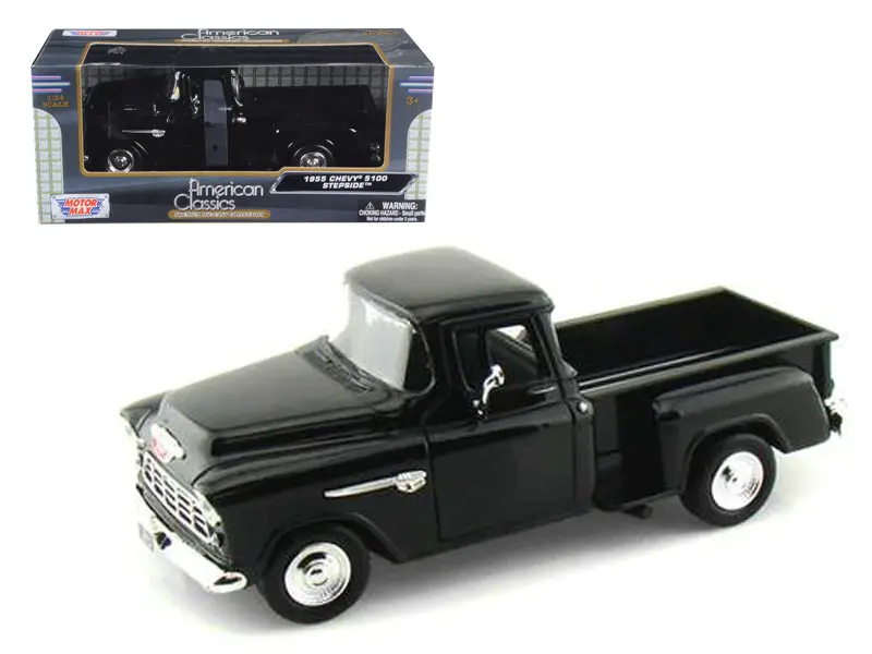 1955 Chevrolet 5100 Stepside Pickup Truck Black 1/24 Diecast Model By Motormax 1