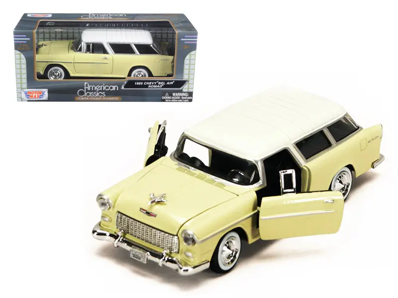 1955 Chevrolet Bel Air Nomad Yellow With White Top 1/24 Diecast Model Car By Motormax 1