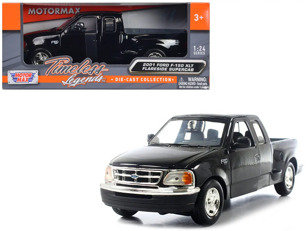 2001 Ford F-150 Xlt Flareside Supercab Pickup Truck Black 1/24 Diecast Model By Motormax 1