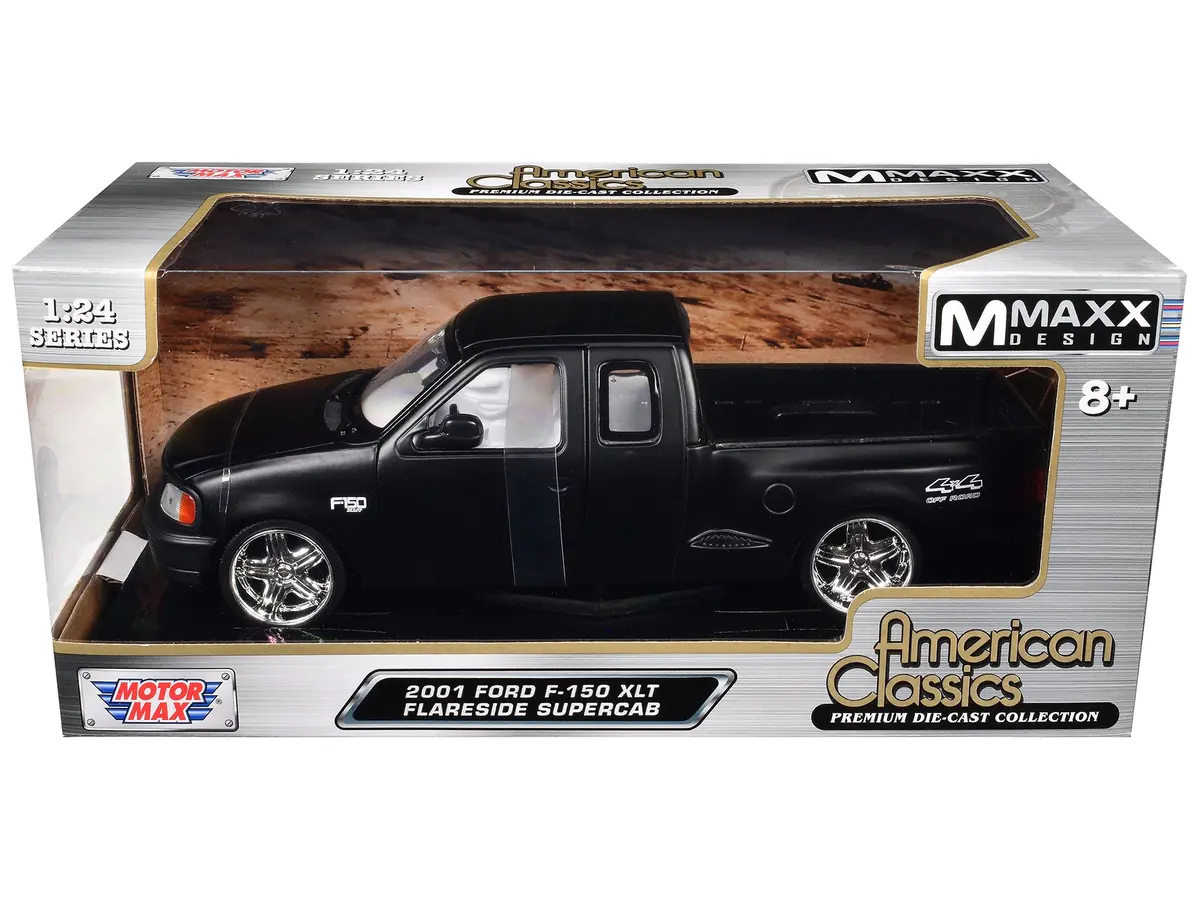 2001 Ford F-150 Xlt Flareside Supercab Pickup Truck Matt Black With White Interior "Maxx Design" "American Classics" Series 1/24 Diecast Model By Motormax 1