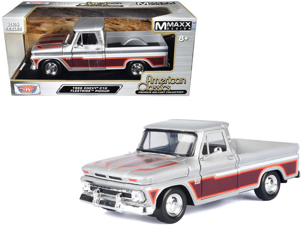 1966 Chevrolet C10 Fleetside Pickup Truck Silver Metallic With Brown Sides "American Classics" Series 1/24 Diecast Model By Motormax 1