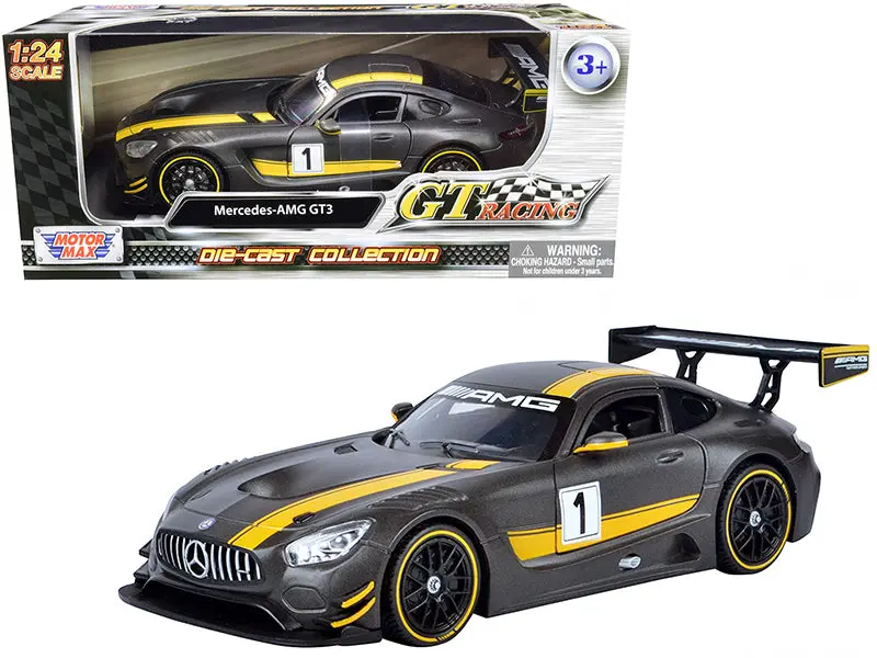 Mercedes Amg Gt3 #1 Matte Gray With Yellow Stripes "Gt Racing" 1/24 Diecast Model Car By Motormax 1