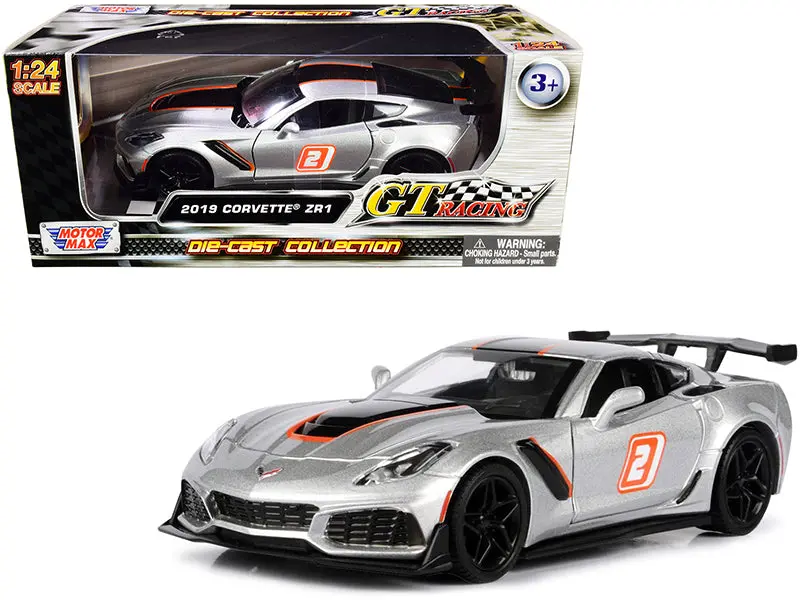 2019 Chevrolet Corvette Zr1 #2 Silver With Black And Orange Stripes "Gt Racing" Series 1/24 Diecast Model Car By Motormax 1