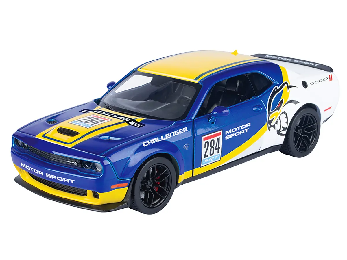 2018 Dodge Challenger Srt Hellcat Widebody #284 Blue Metallic And White With Yellow Graphics "Gt Racing" Series 1/24 Diecast Model Car By Motormax 2