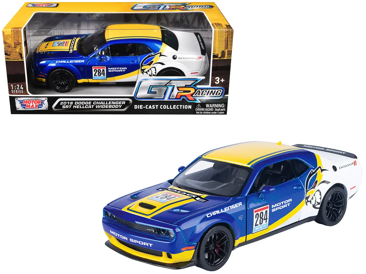 2018 Dodge Challenger Srt Hellcat Widebody #284 Blue Metallic And White With Yellow Graphics "Gt Racing" Series 1/24 Diecast Model Car By Motormax 1